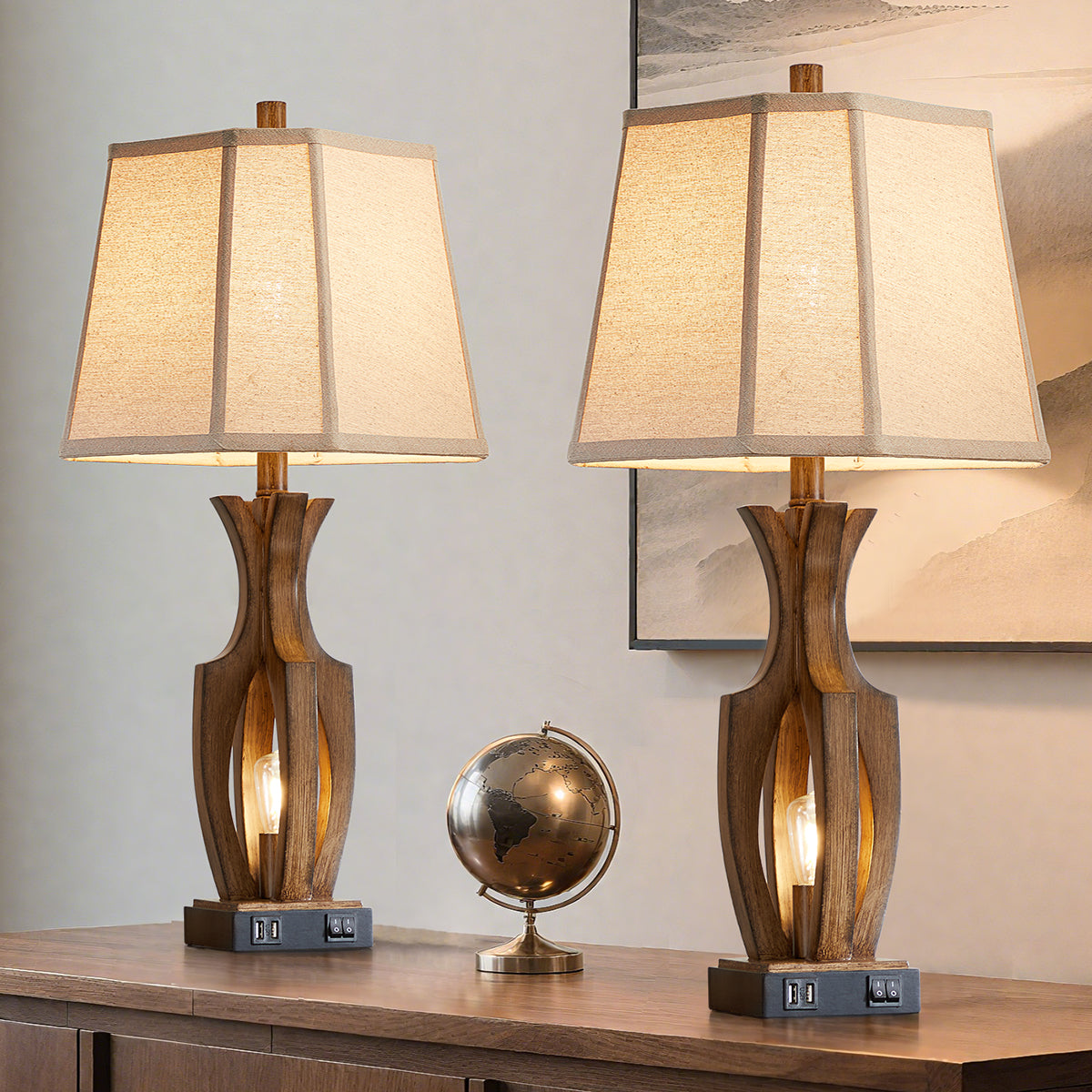 26 "wood grain table lamp with night light and dual USB ports (set of 2)