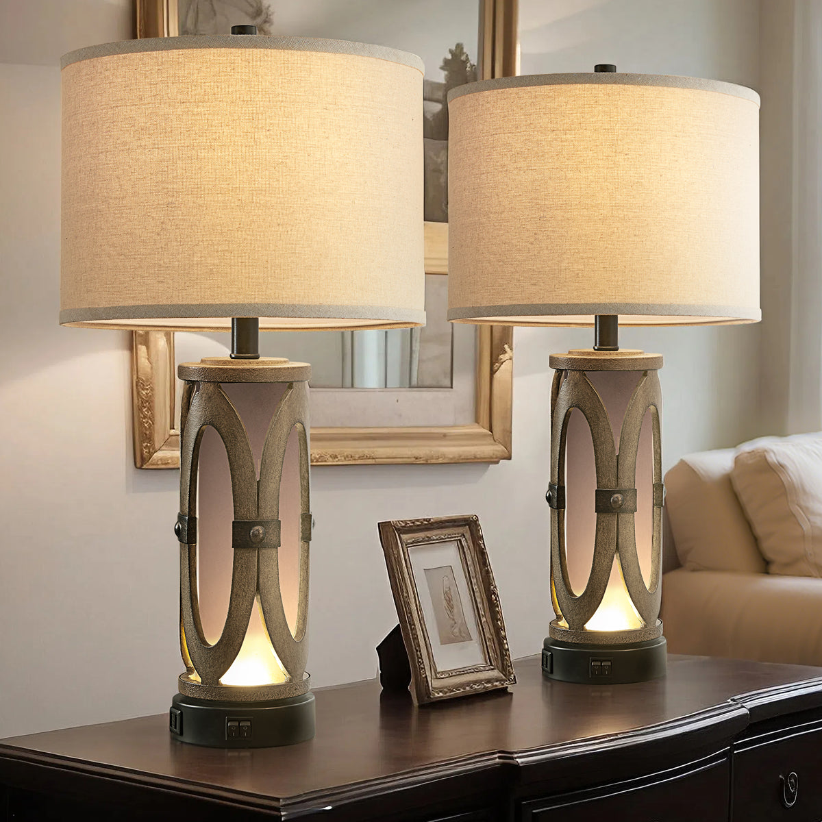 26" Farmhouse Table Lamp with USB Ports, Night Light (set of 2)