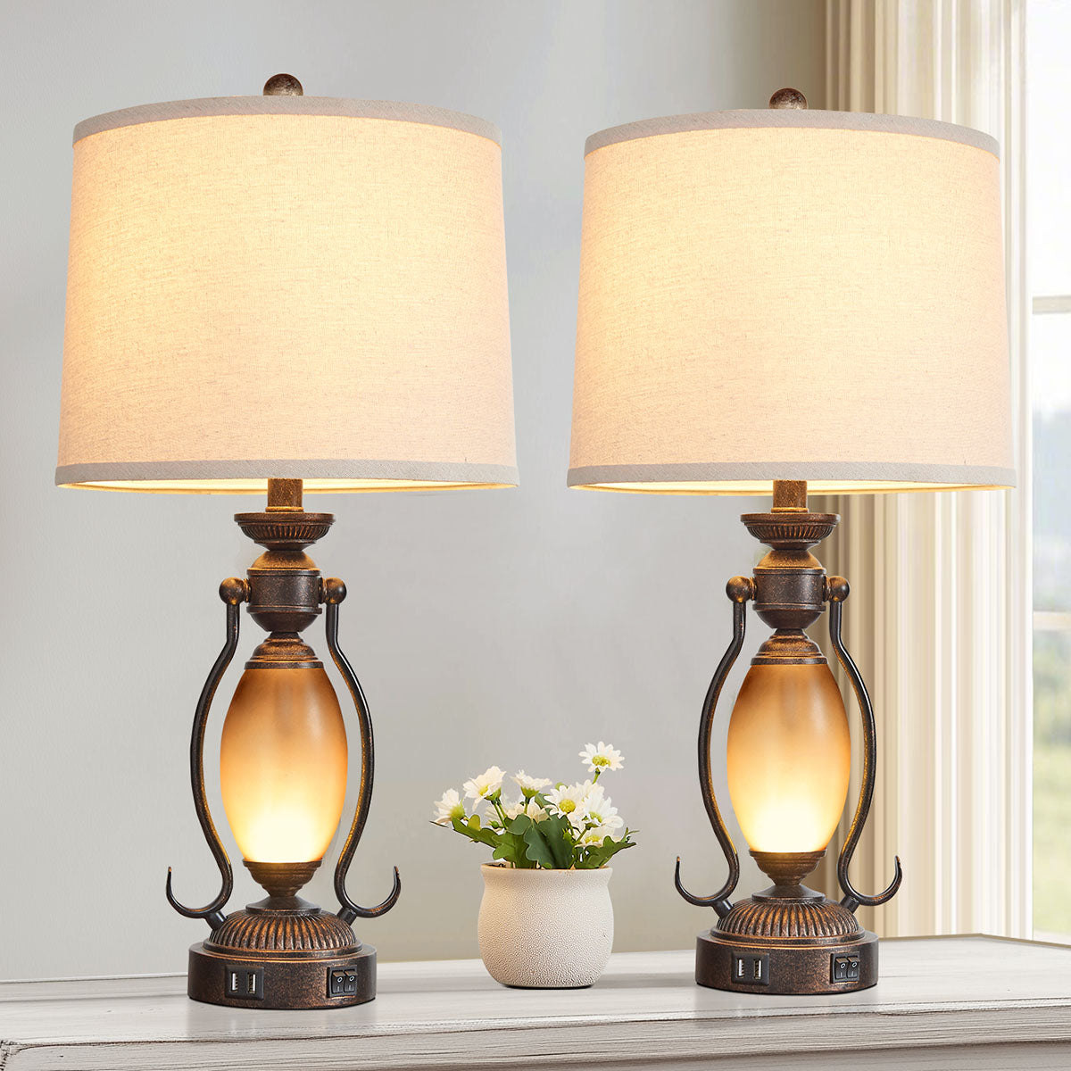 25.5"Vintage Bronze Table Lamps Set With Night Light And Dual USB Ports (Set of 2)