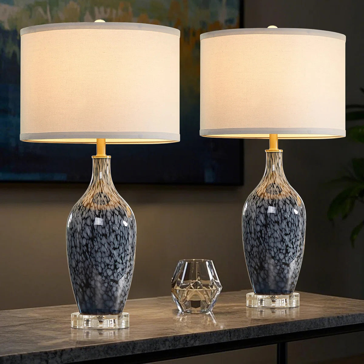 25.8"Bohemian Artisan Blue Leopard Glass Table Lamp with Crystal Base & Linen Shade Cord for Bedroom, Living Room, Office(set of 2)