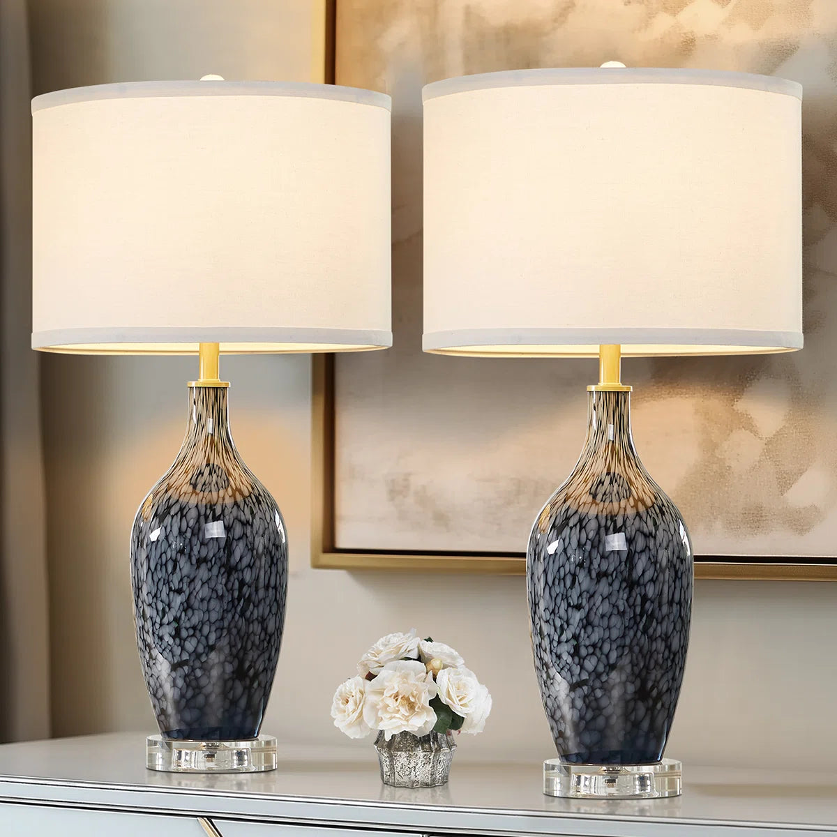 25.8"Bohemian Artisan Blue Leopard Glass Table Lamp with Crystal Base & Linen Shade Cord for Bedroom, Living Room, Office(set of 2)