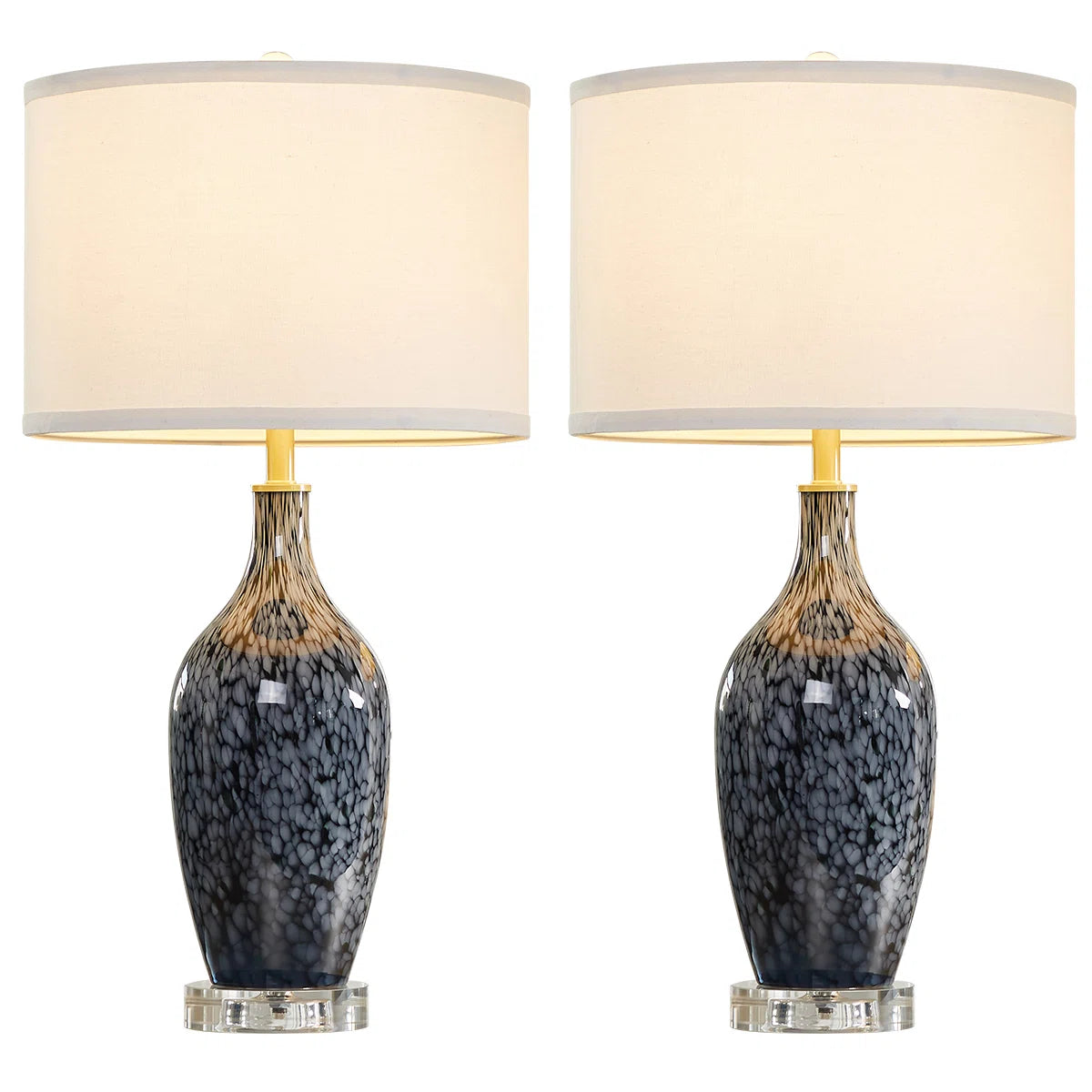 25.8"Bohemian Artisan Blue Leopard Glass Table Lamp with Crystal Base & Linen Shade Cord for Bedroom, Living Room, Office(set of 2)