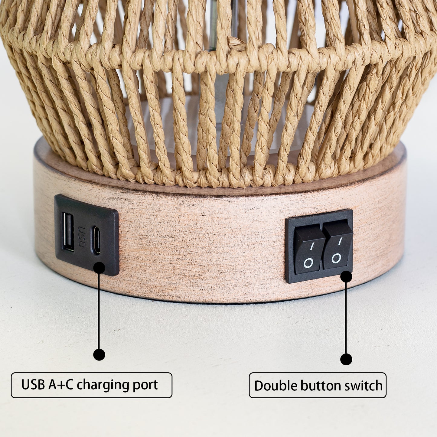 24'' Handwoven Rope Table Lamp With Night Light And Dual USB A+C Charging Ports ,Bulbs (Set Of 2)