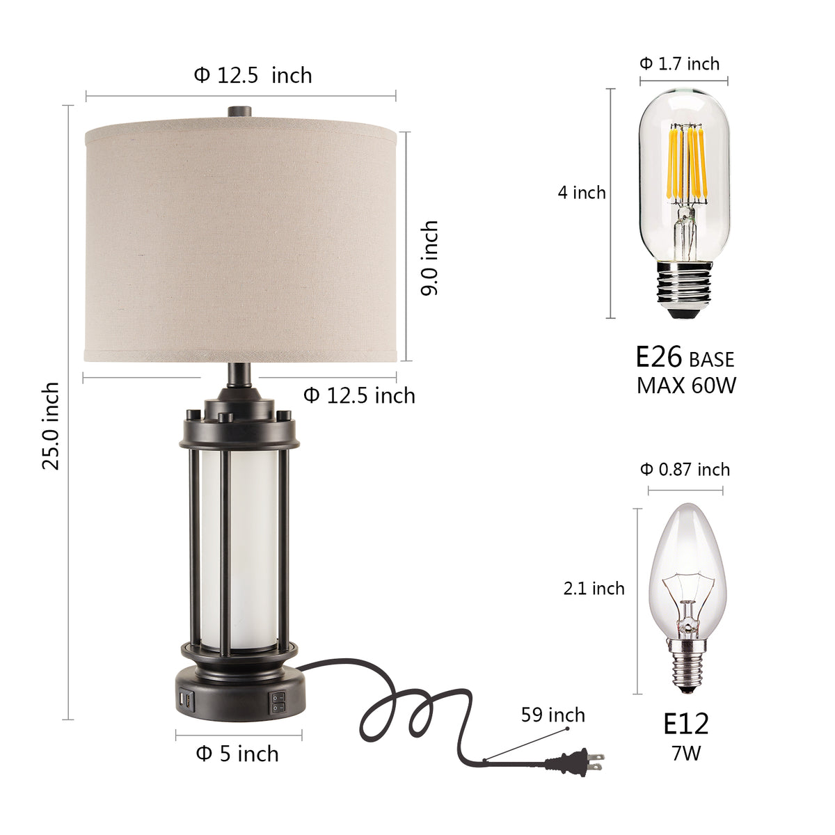 JUJUYUYOP 25" Rustic Living Room Farmhouse Table Lamp Set of 2, Featuring Dual Usb Charging Ports and Night Light Function, Ideal for Living Rooms or Bedside Tables in Bedrooms (Bulb Included)