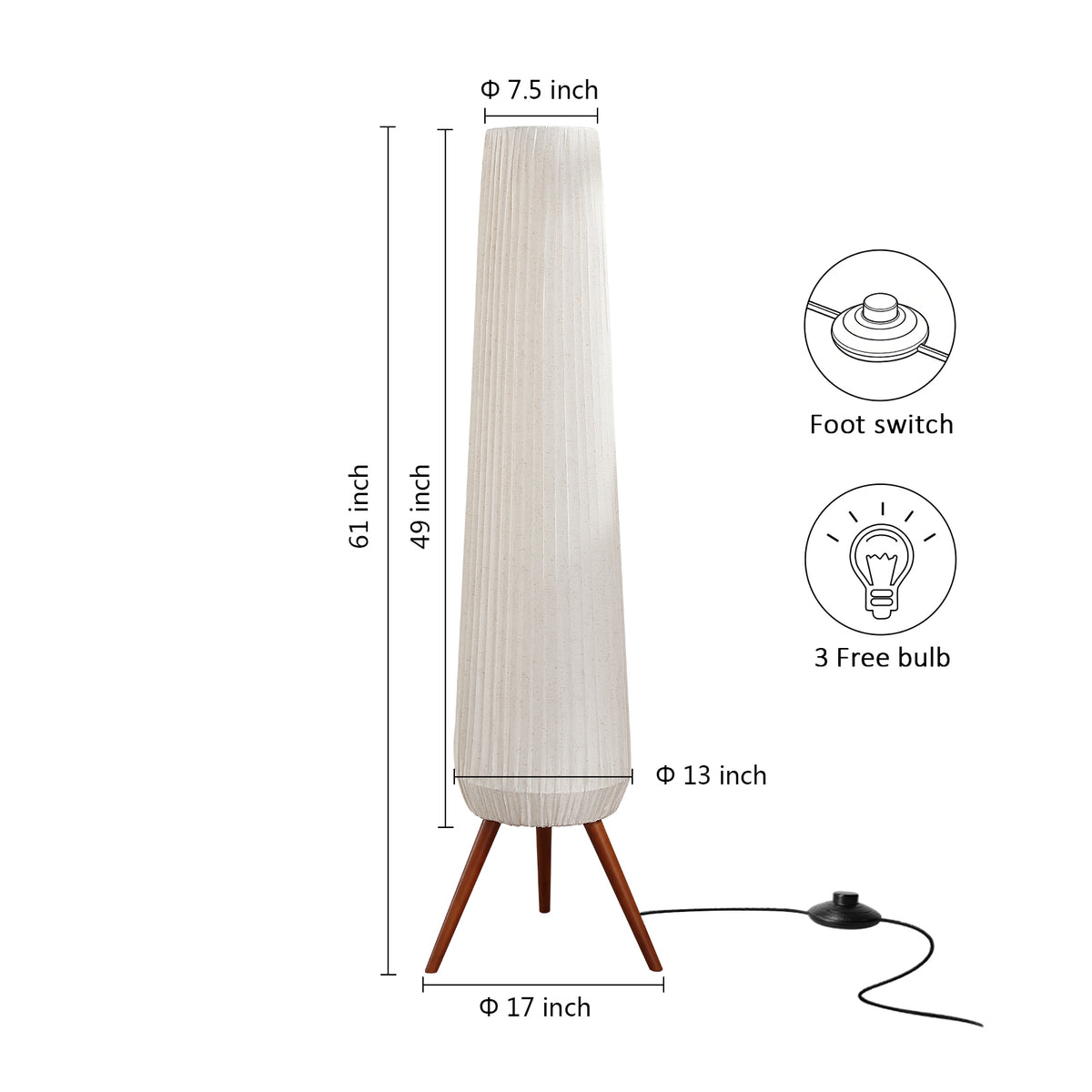 Rohopeto Wooden Tripod Floor lamps, Foot Switch, 61" Tall, Three Headed Floor Lamps, Floor Lamps for Bedroom,Modern Living Room Floor Lamps Multiple Head (Bulbs Included) Manufactured in Guangdong