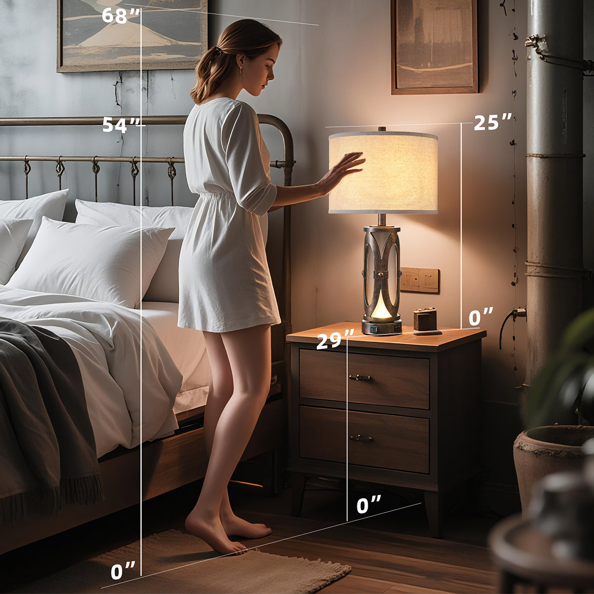 26" Industrial Table Lamp set with Dual USB Ports And Night Light ( Set of 2)