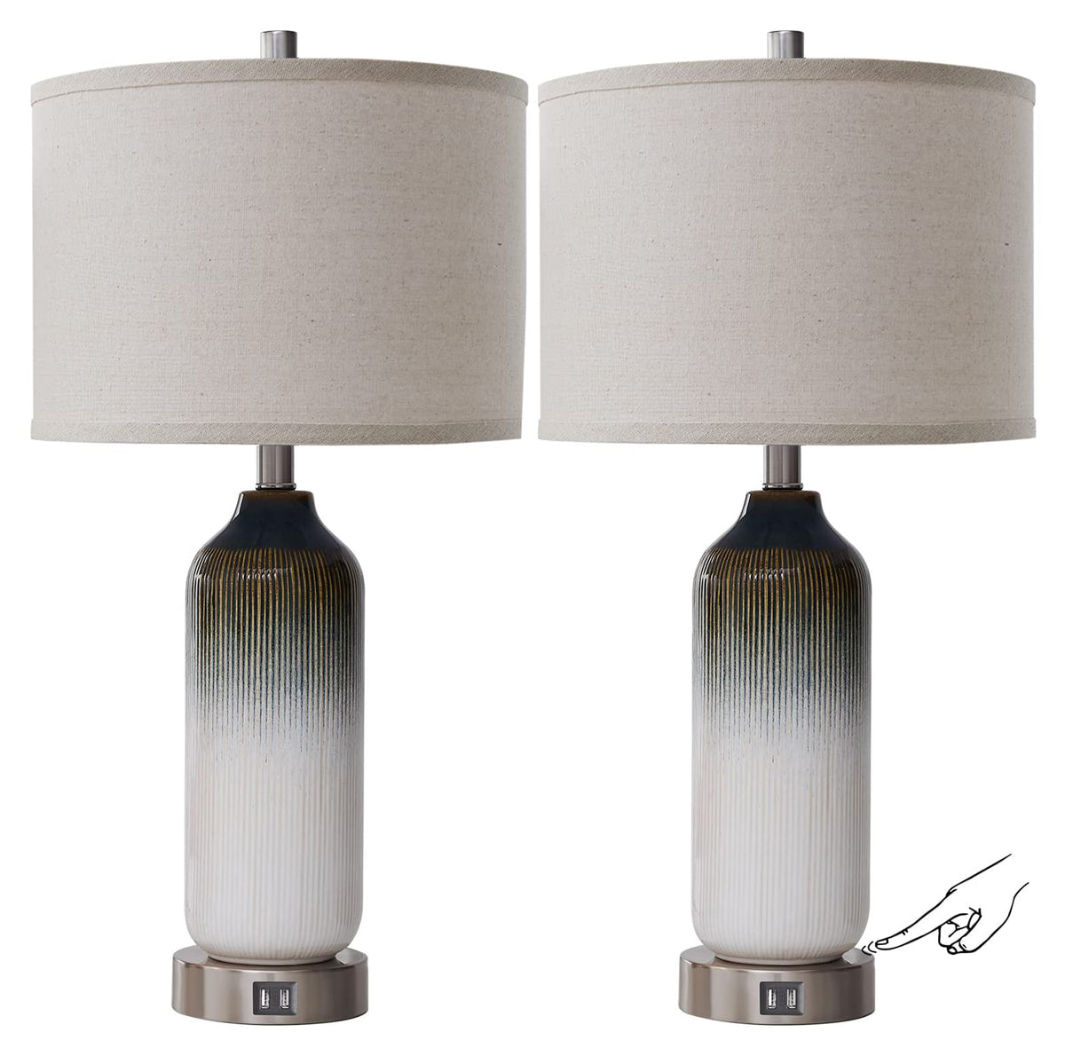 JUJUYUYOP 3 Way Dimmable Ceramic Table Lamps Set of 2 with Dual USB Ports, 25.5" Touch-Control Modern Bedside Lamp, for Bedrooms and Living Rooms (Bulb Included)