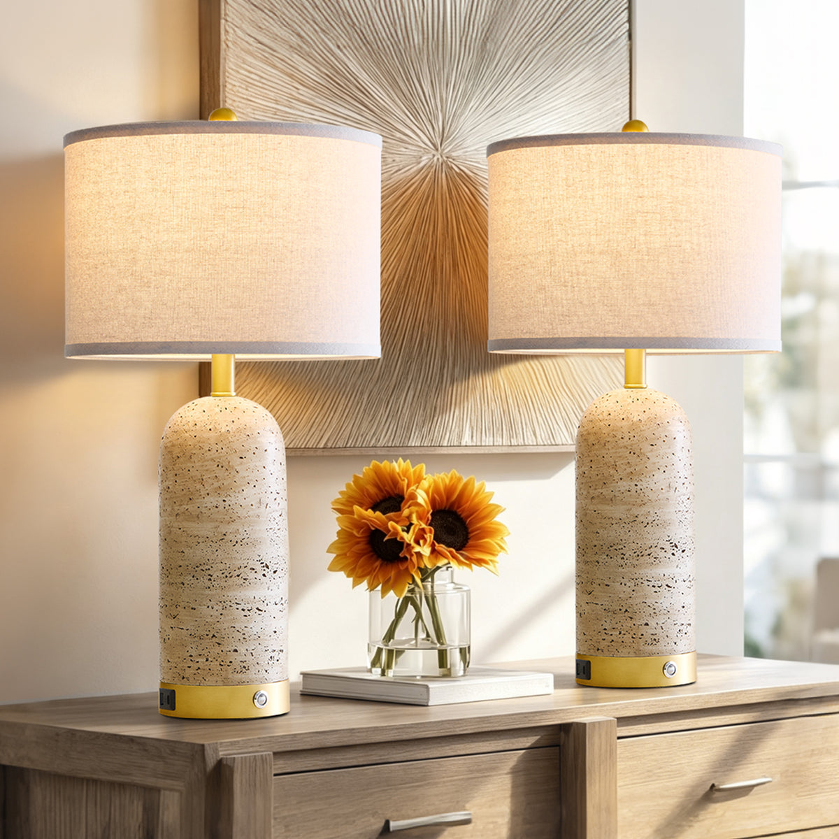RORIA 25" Modern Resin Table Lamps Set of 2,for Bedrooms and Living Room, Featuring USB-A&C Charging Ports,Touch-Control 3-Level Dimming Bedside Lamp