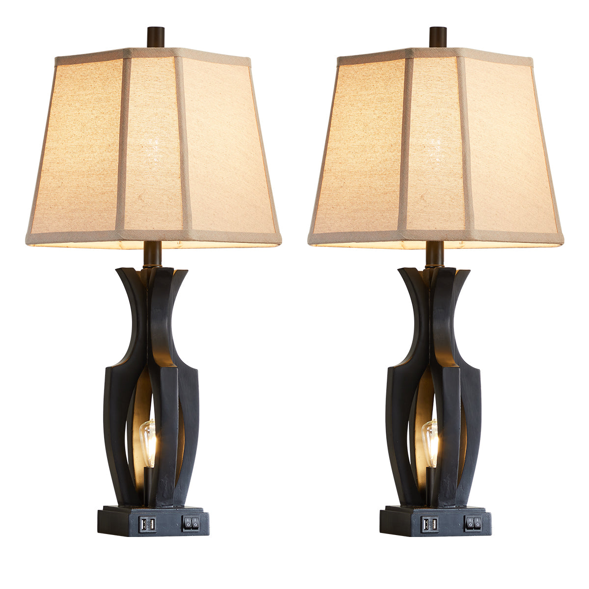 26 "wood grain table lamp with night light and dual USB ports (set of 2)