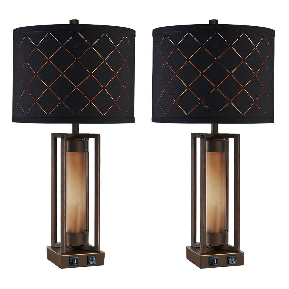 2Pc Dover Castle Table Lamps w. Night Light & USB, Bronze Metal+Glass, Black Grid Lampshade
