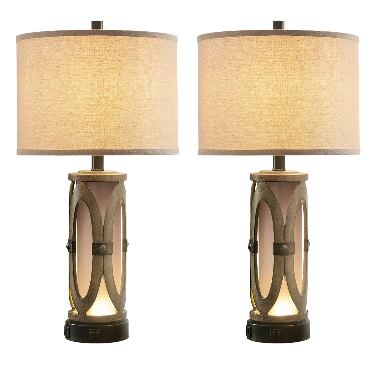 26" Farmhouse Table Lamp with USB Ports, Night Light (set of 2)