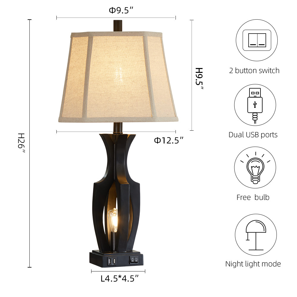 26 "wood grain table lamp with night light and dual USB ports (set of 2)