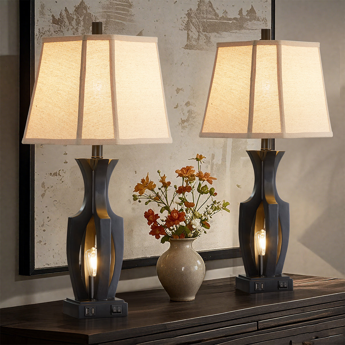 26 "wood grain table lamp with night light and dual USB ports (set of 2)