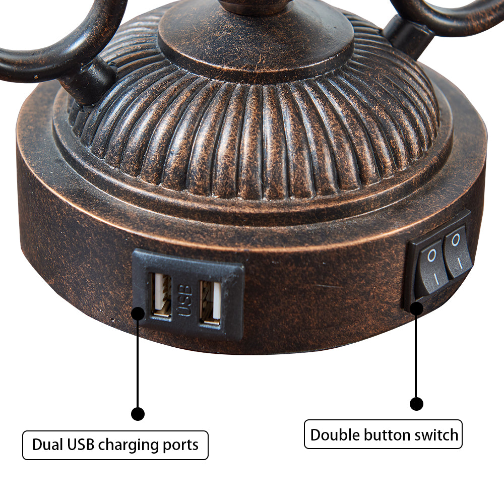25.5"Vintage Bronze Table Lamps Set With Night Light And Dual USB Ports (Set of 2)