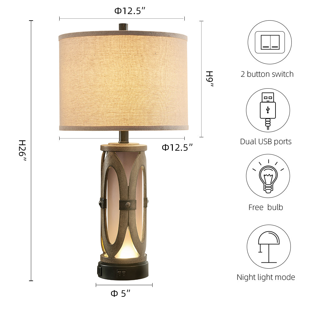 26" Farmhouse Table Lamp with USB Ports, Night Light (set of 2)