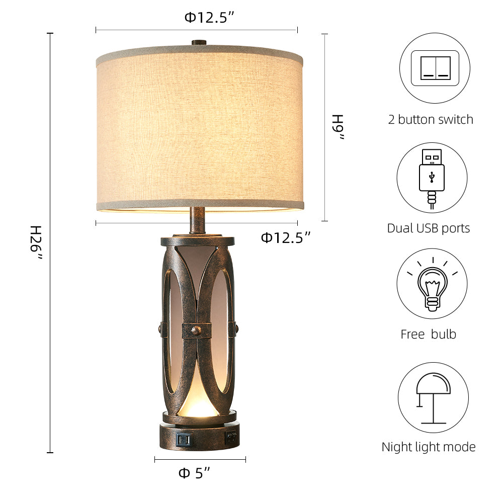 26" Industrial Table Lamp set with Dual USB Ports And Night Light ( Set of 2)