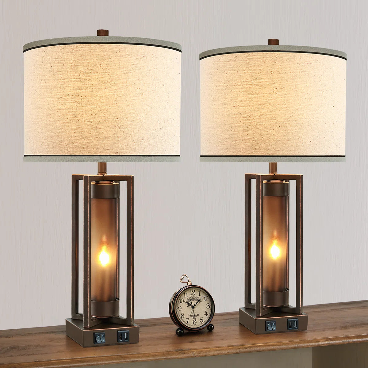 Eleonora 26" Bronze Metal Table Lamp Set With Night Light And USB Ports