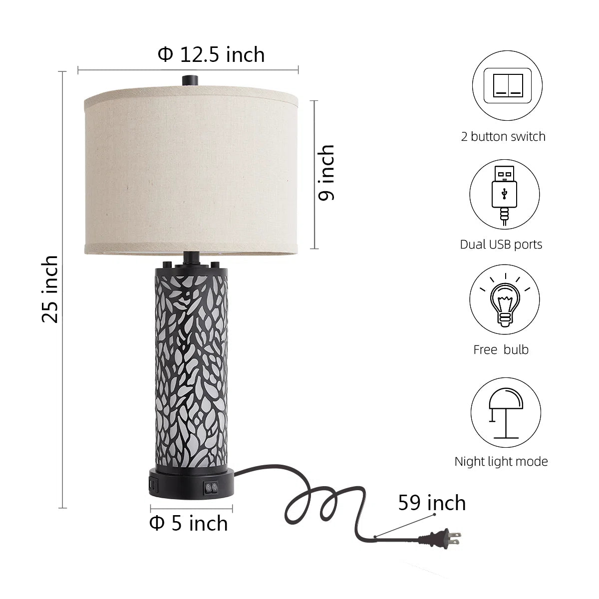 Hendrike 25" Carved Metal+Glass Table Lamp Set With Night Light And USB Ports (Set of 2)