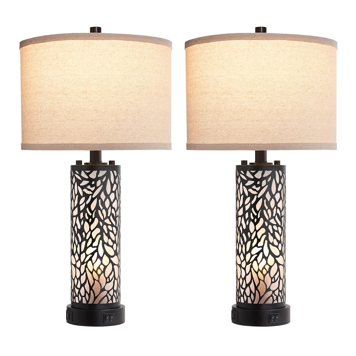 Hendrike 25" Carved Metal+Glass Table Lamp Set With Night Light And USB Ports (Set of 2)