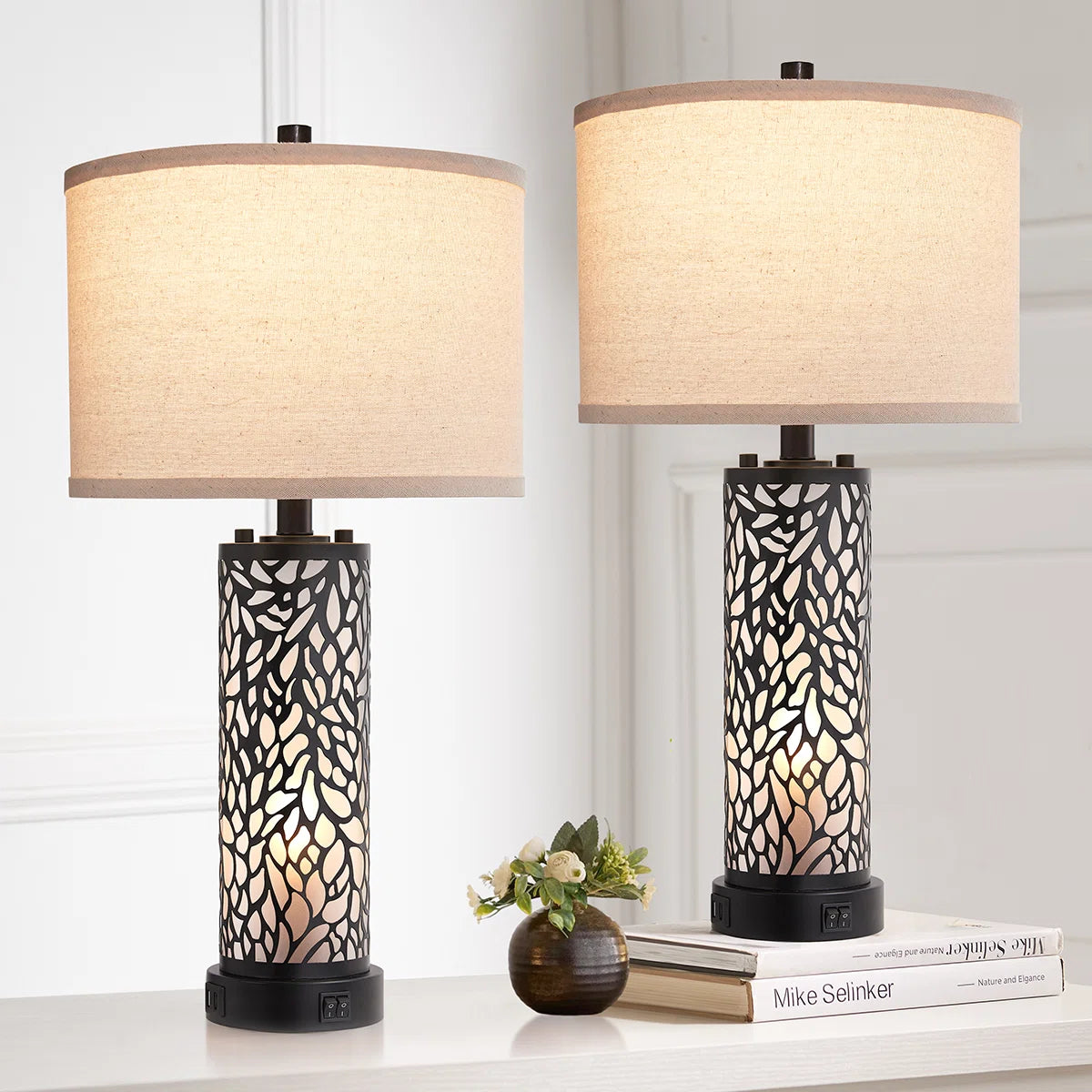 Hendrike 25" Carved Metal+Glass Table Lamp Set With Night Light And USB Ports (Set of 2)