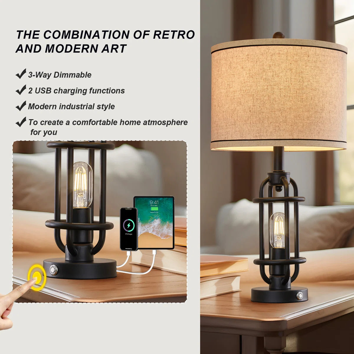 Jacolbi 3 Way Dimmable Touch Control Table Lamp with Dual USB Ports (Set of 2)