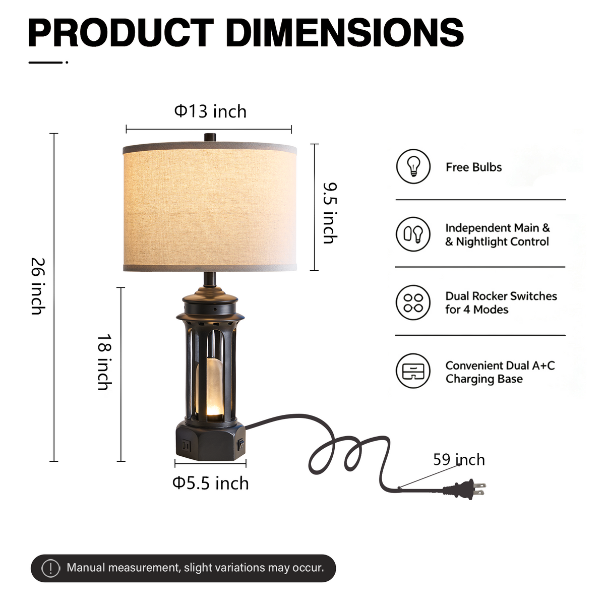 Rohopeto 27"Living room Table Lamps Set of 2,with USB A+C Ports,Dual-Switch Design,Built-in Smoked-Glass Nightlight,(Bulbs Included)Modern Bedroom Table Lamps