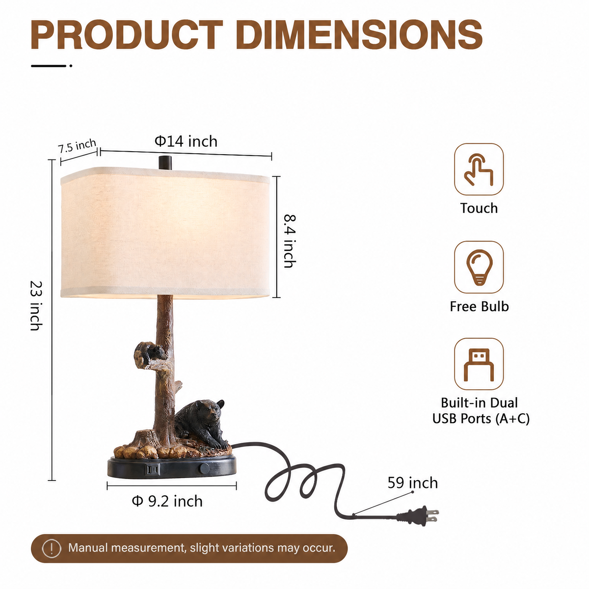 Rohopeto Touch Control Table Lamps,23" Tall,with USB A+C Ports,3 Way Dimmable Nightlight,Bedside Nightstand Lamps,for Bedroom Living Room Vintage Farmhouse Style,Brown Bear Resin(Bulbs Included)