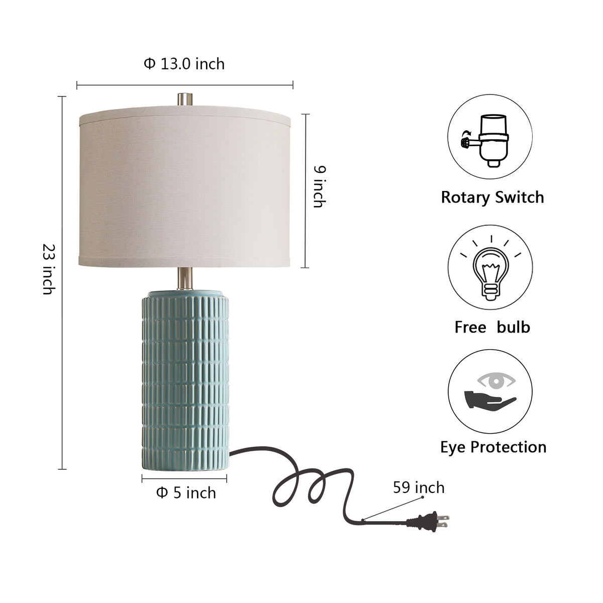 RORIA 23" Light Blue Table Lamps Set of 2, Modern Ceramic Bedside Lamps,with Round Linen Shades, for Bedrooms, Living Room, and Offices.