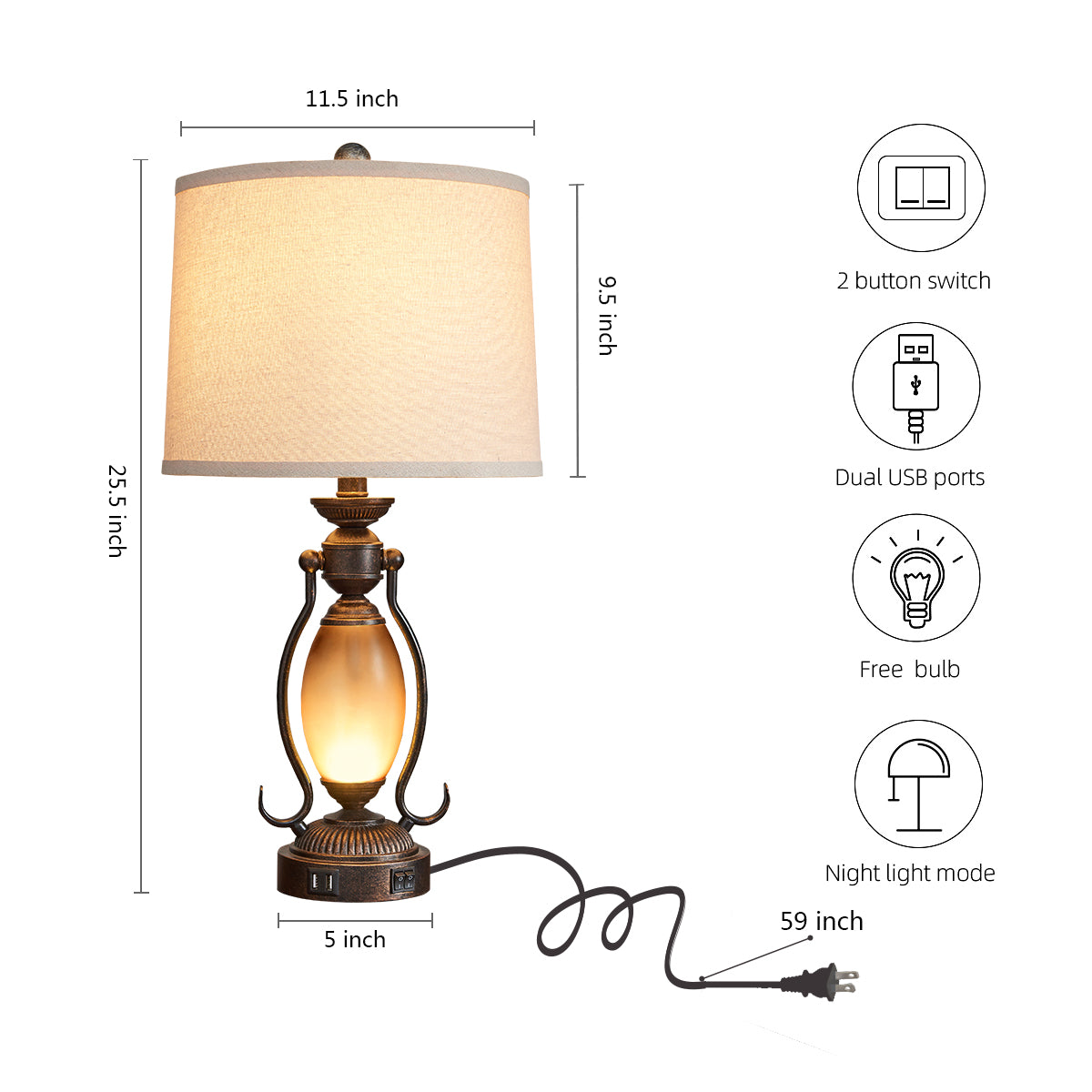 25.5"Vintage Bronze Table Lamps Set With Night Light And Dual USB Ports (Set of 2)