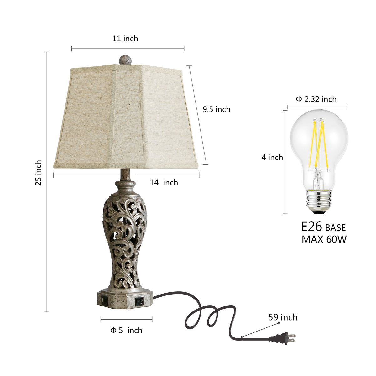 RORIA Set of 2 Table Lamps, 25” Farmhouse-Style Bedside Lamps with USB-A&C Charging Ports, Hollow Resin Base with Built-in Night Light,for Bedrooms, Living Room, and Offices
