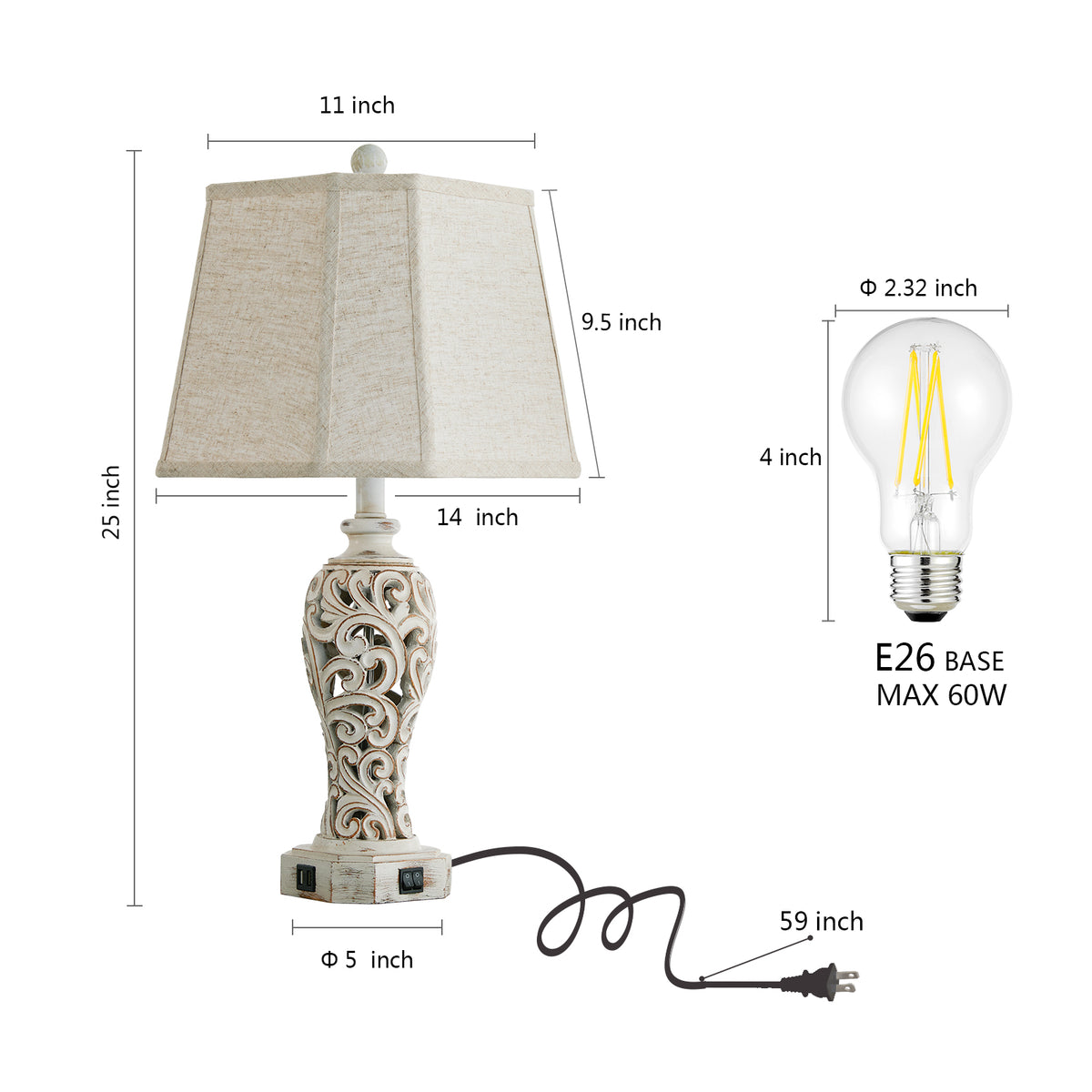 RORIA 25" Living Room Table Lamps Set of 2, Hollow Resin Farmhouse Rustic Bedside Lamp with 2 USB Charging Ports and Night Light, for Bedroom Nightstands