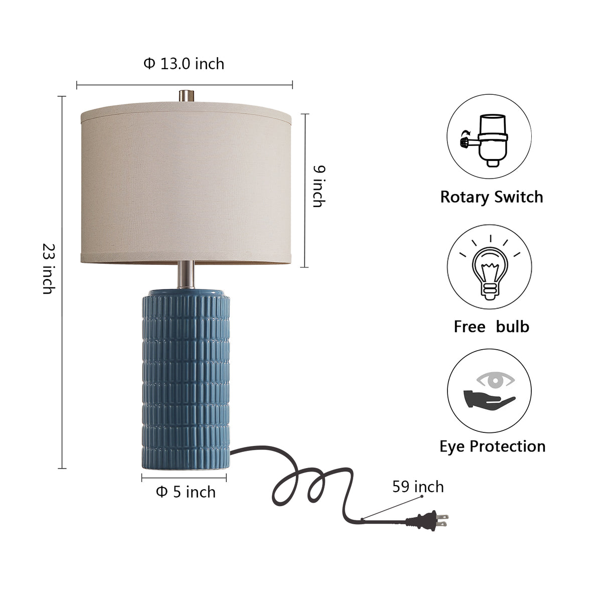 RORIA 23” Blue Ceramic Table Lamps Set of 2 for Bedrooms and Living Room with a Linen Bell-Shaped Shade Modern-Style Bedside Lamp