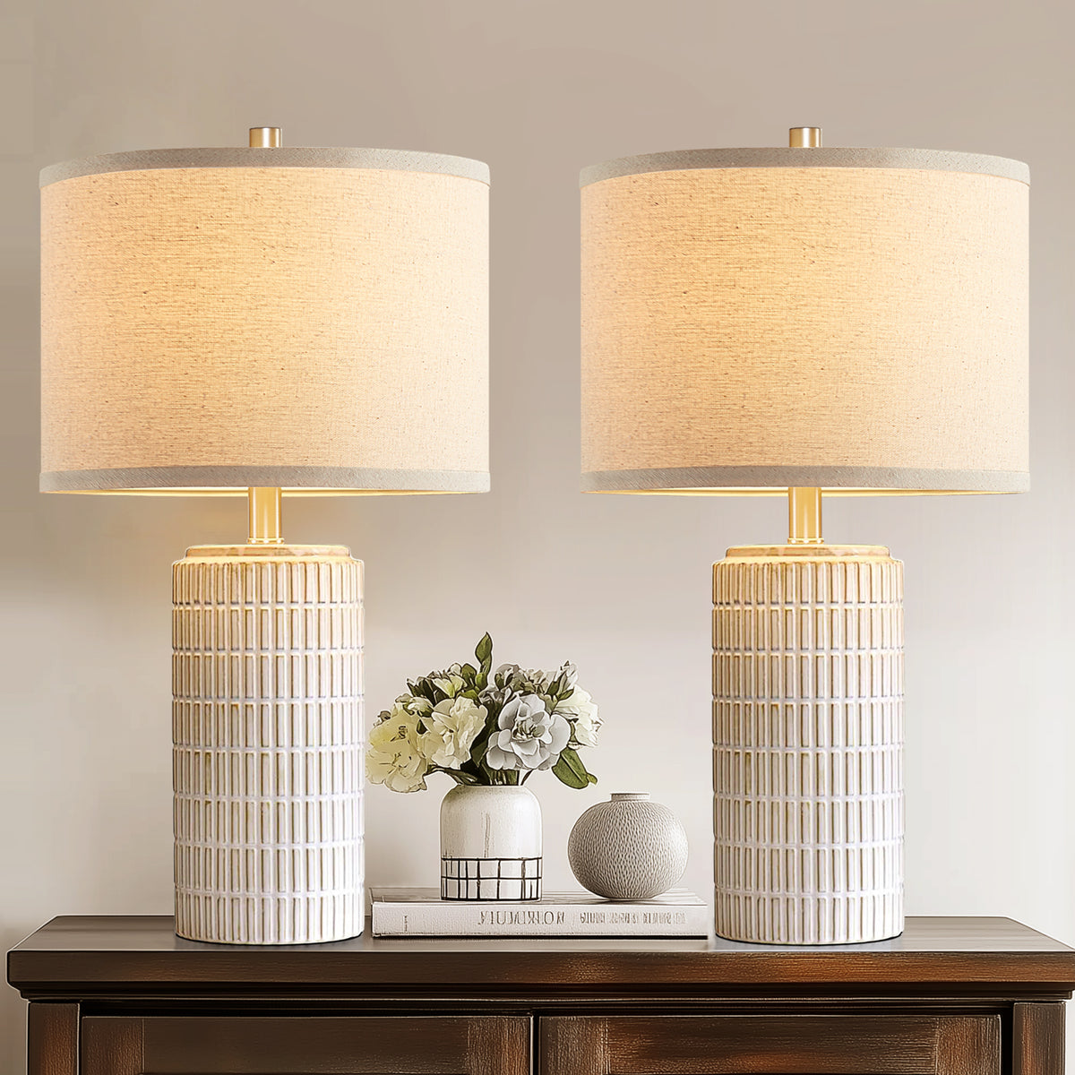 RORIA 23” White Ceramic Table Lamps Set of 2, Modern Style Bedside Lamps,for Bedrooms, Living Rooms, and Offices
