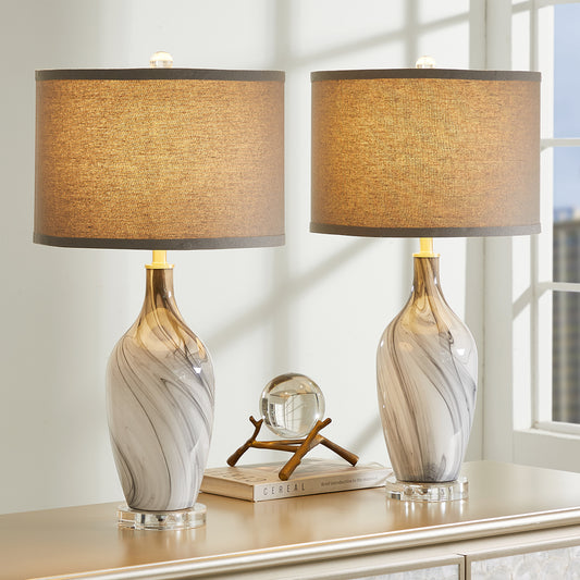25.8"silky Gray Glass Table Lamp With Crystal Base (set Of 2)