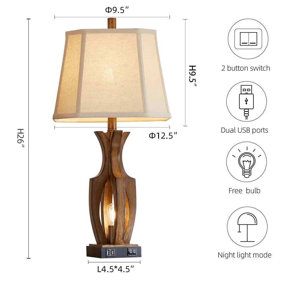 26 "wood grain table lamp with night light and dual USB ports (set of 2)
