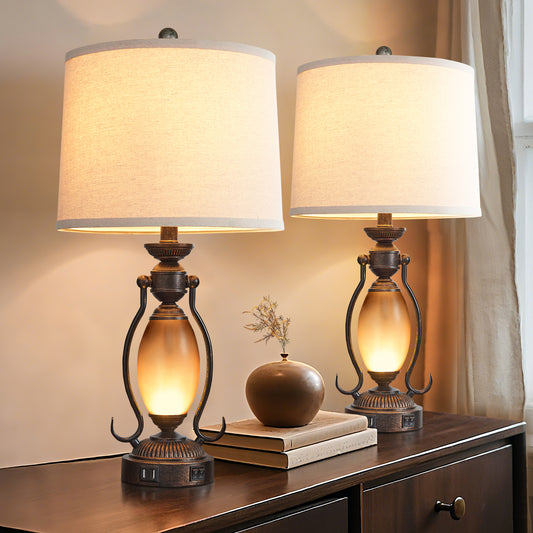25.5"Vintage Bronze Table Lamps Set With Night Light And Dual USB Ports (Set of 2)