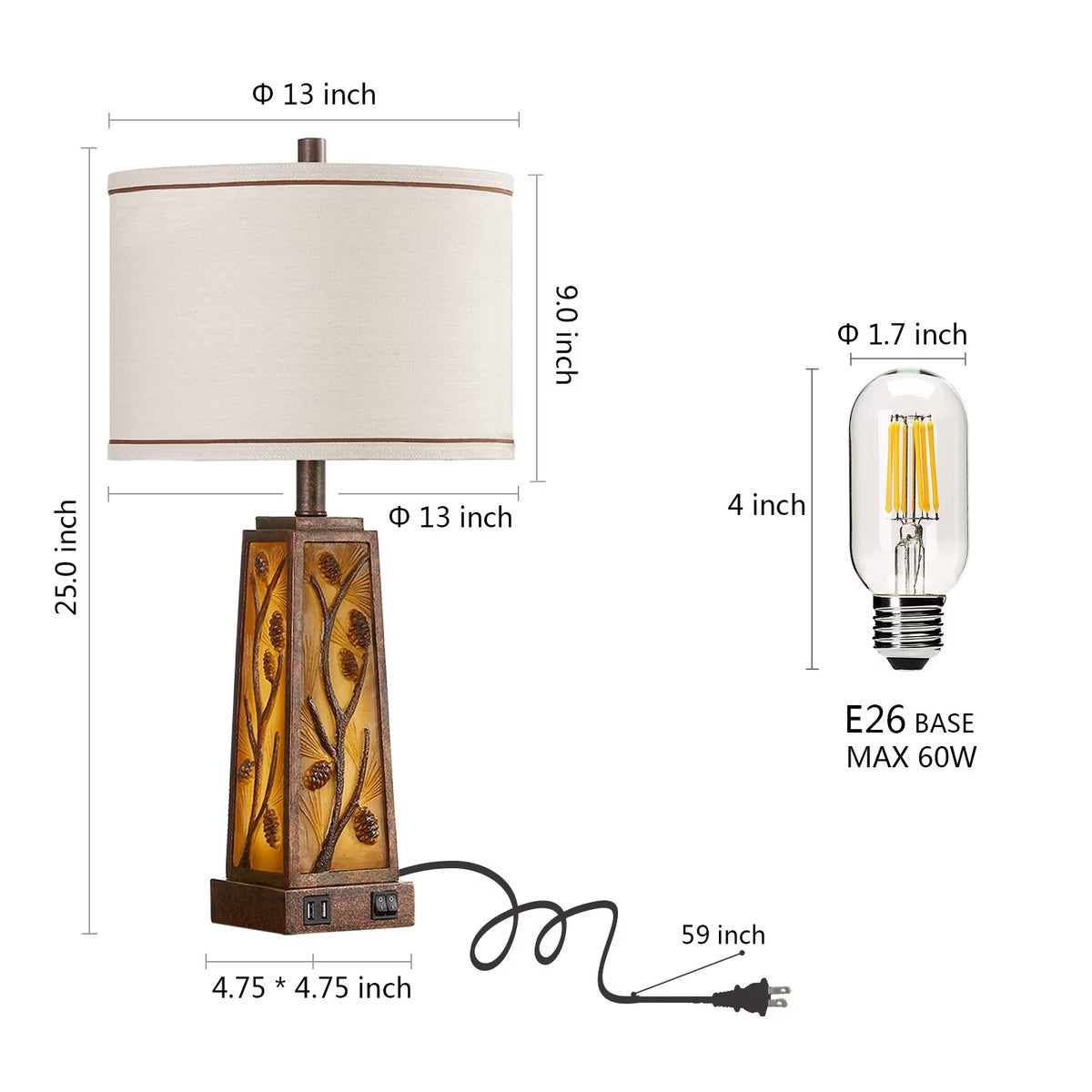 RORIA 25” Living Room Table Lamps Set of 2 With Dual USB Charging Ports and Night Light, Modern Farmhouse Style, Amber Resin Base, for Bedroom Bedside Lamps