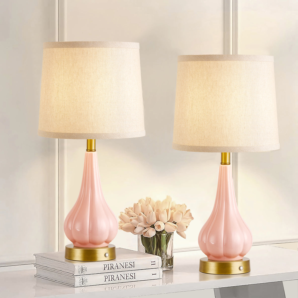 RORIA 18"Pink Ceramic Table Lamps Set of 2, Powered By a 5000mAh Rechargeable Battery, With Touch Controlled Dimming, Suitable for Living Rooms, Bedrooms, and Nightstands
