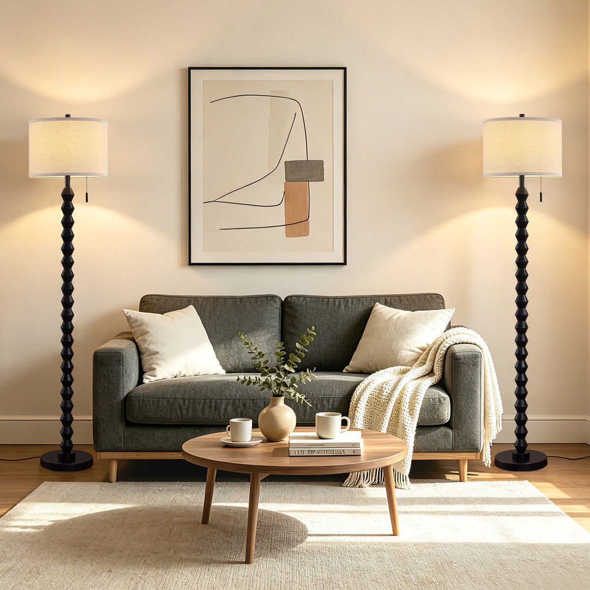 RORIA 65”Black Solid Wood Floor Lamp, with a Round Linen Shade and Pull Cord Switch,modern Standing Lamp,for Living Room, Bedrooms, and Offices（bulb included）