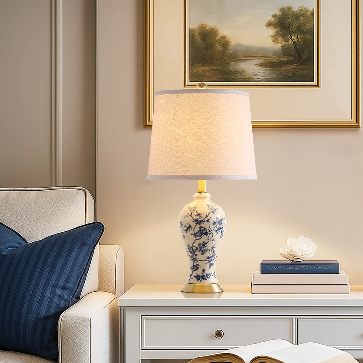 JUJUYUYOP 24"Traditional Chinese Blue-and-White Porcelain Table Lamps Set of 2, Suitable for Bedside Tables, Living Rooms, and Entryways (Bulb Included)