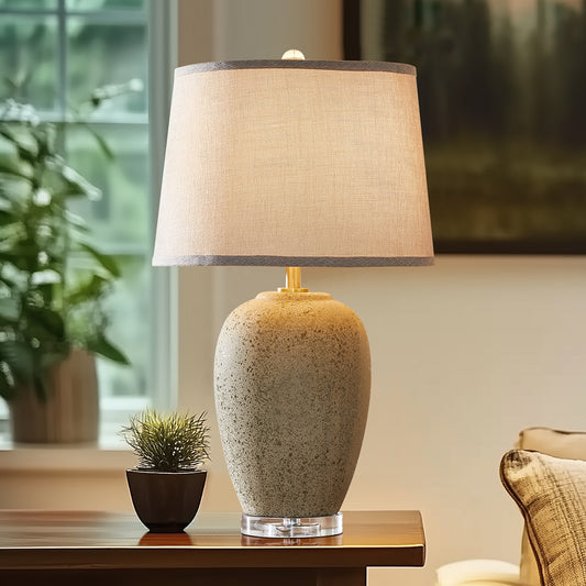 24" Rustic Retro Ceramic Table Lamp with Crystal Base, Includes Free E26 LED Bulb - Farmhouse Bedroom & Living Room Lighting