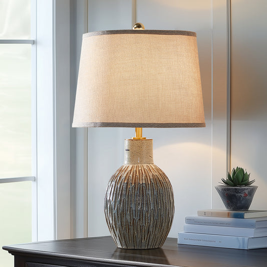 24" Rustic Ceramic Table Lamp With Textured Base , Vintage Farmhouse Accent Lighting With Free Bulb