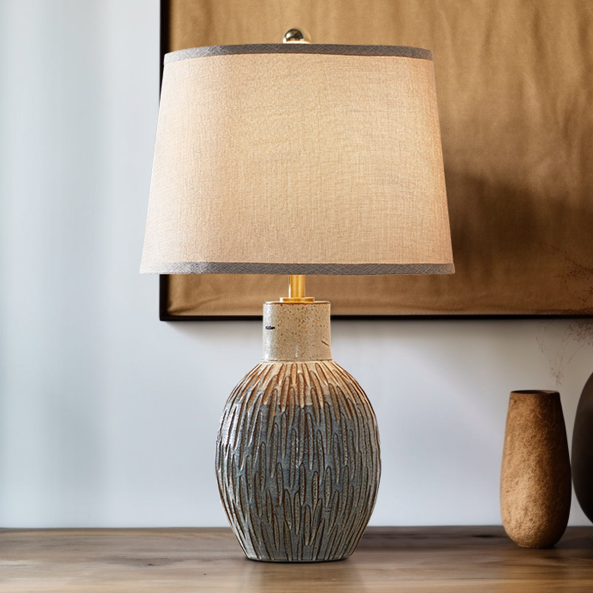 24" Rustic Ceramic Table Lamp With Textured Base , Vintage Farmhouse Accent Lighting With Free Bulb