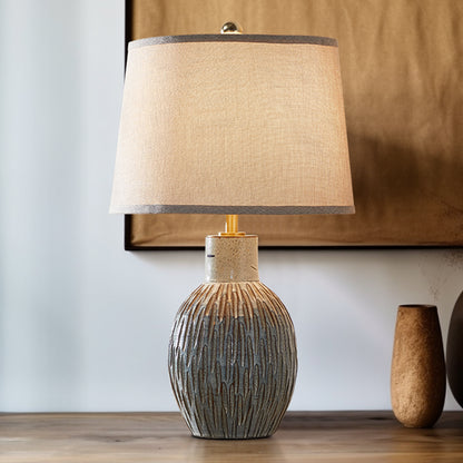 24" Rustic Ceramic Table Lamp With Textured Base , Vintage Farmhouse Accent Lighting With Free Bulb
