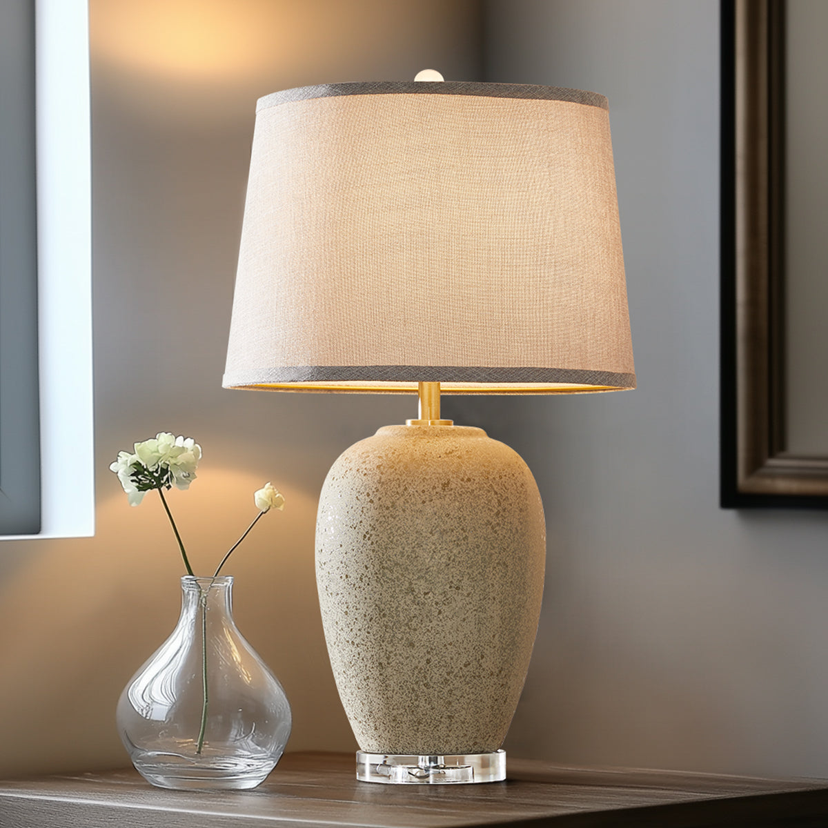 24" Rustic Retro Ceramic Table Lamp with Crystal Base, Includes Free E26 LED Bulb - Farmhouse Bedroom & Living Room Lighting