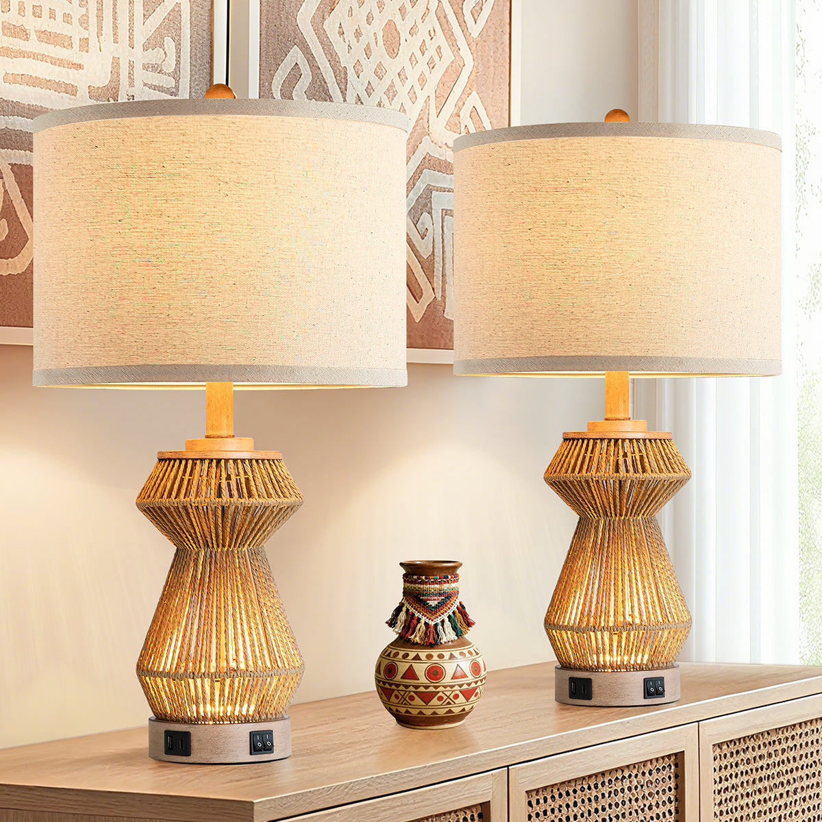 24'' Handwoven Rope Table Lamp With Night Light And Dual USB A+C Charging Ports ，Bulbs (Set Of 2)