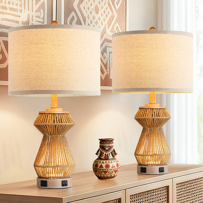 24'' Handwoven Rope Table Lamp With Night Light And Dual USB A+C Charging Ports ，Bulbs (Set Of 2)