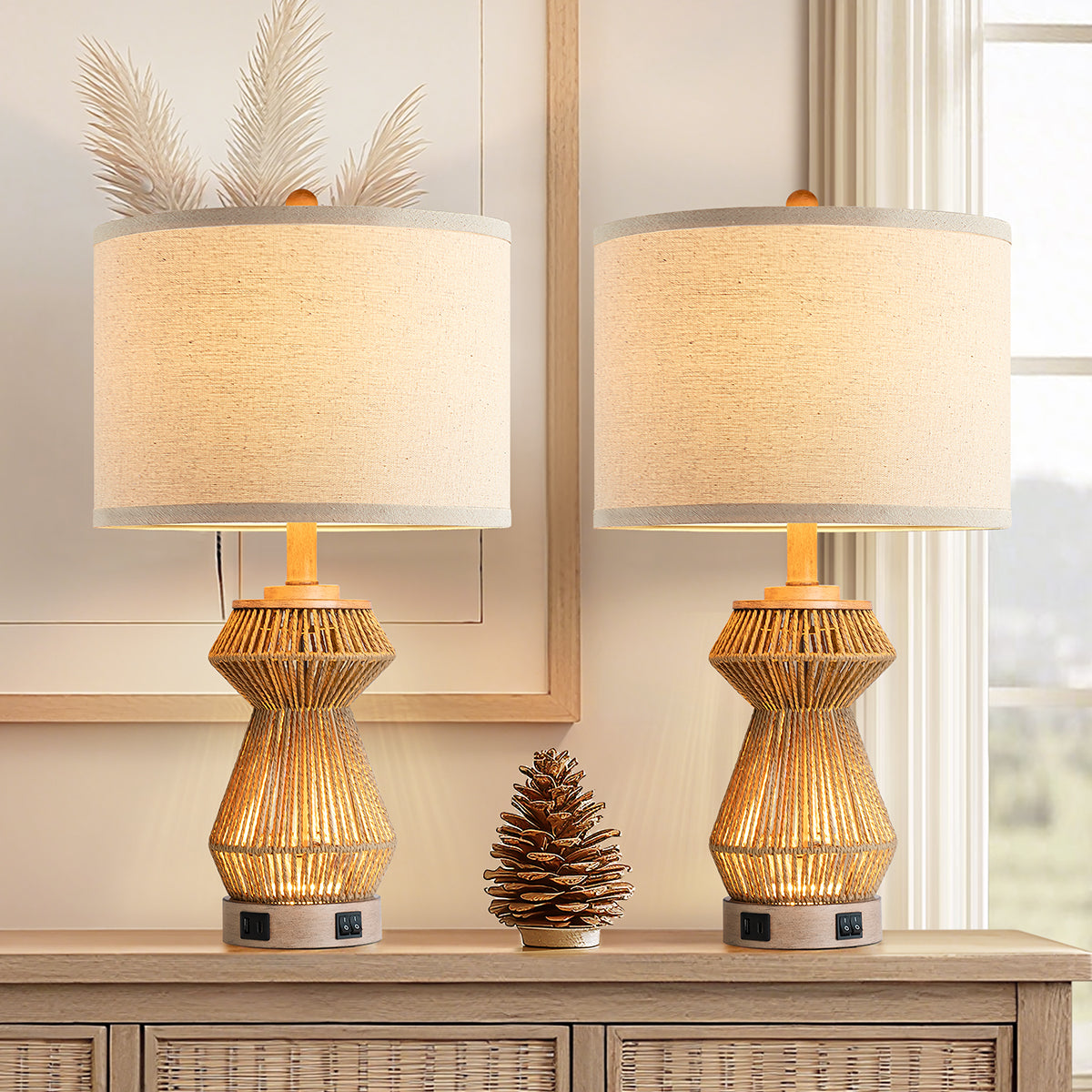 24'' Handwoven Rope Table Lamp With Night Light And Dual USB A+C Charging Ports ，Bulbs (Set Of 2)