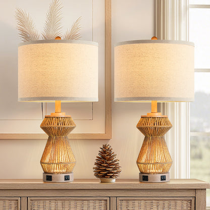 24'' Handwoven Rope Table Lamp With Night Light And Dual USB A+C Charging Ports ，Bulbs (Set Of 2)