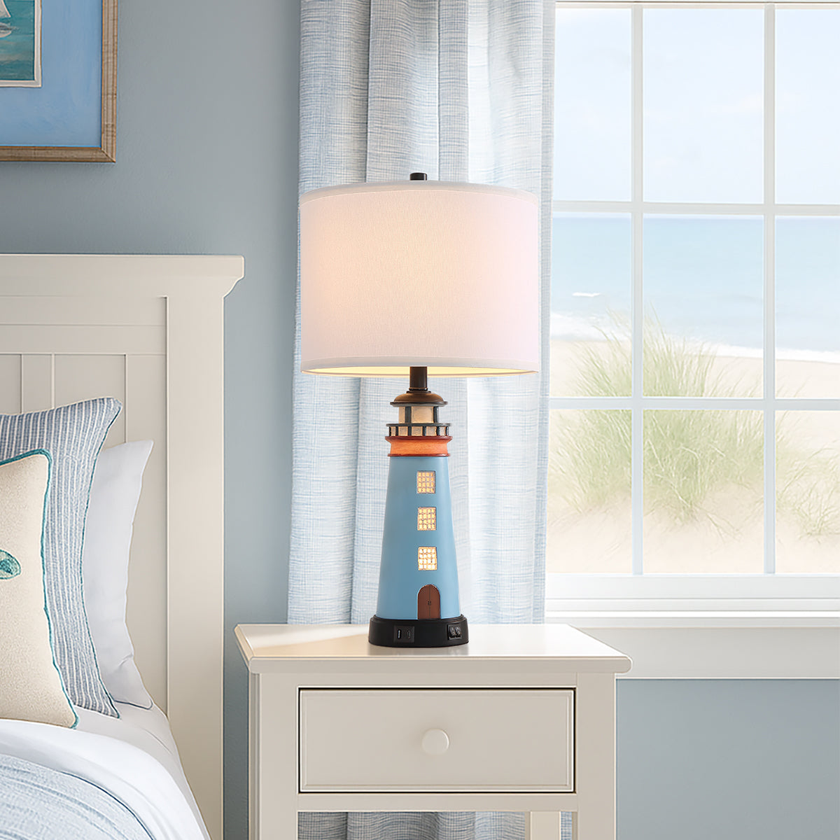 Set Of 2 Lighthouse Table Lamps With Night Light, Coastal Nautical Bedside Lamp With USB Ports & Free Bulbs, Blue Resin Base